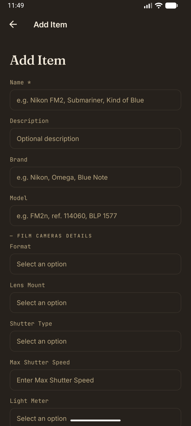 Shelfed's add form with film camera fields — format, lens mount, shutter type