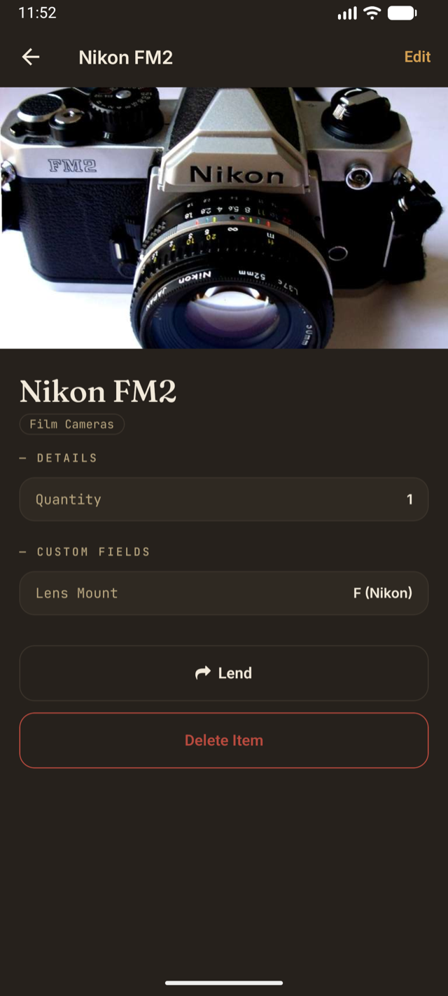 A Nikon FM2 catalogued in Shelfed with its lens mount recorded