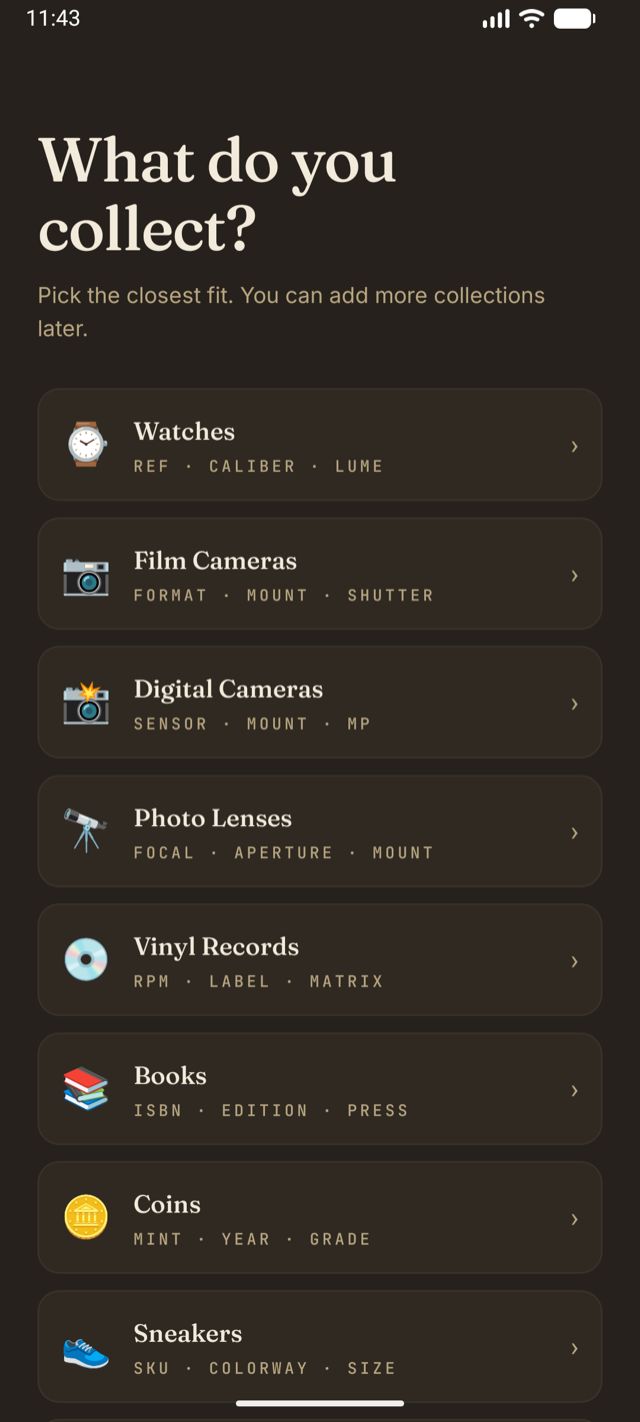 Choosing a collection template in Shelfed — watches, film cameras, vinyl and more